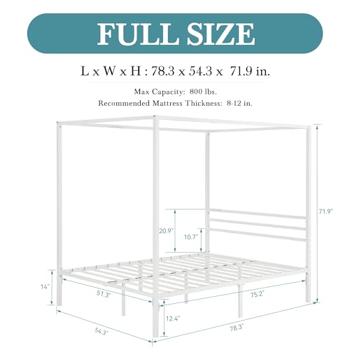 HOOMIC Canopy Bed Frame Full Size White, No Box Spring Needed K1114