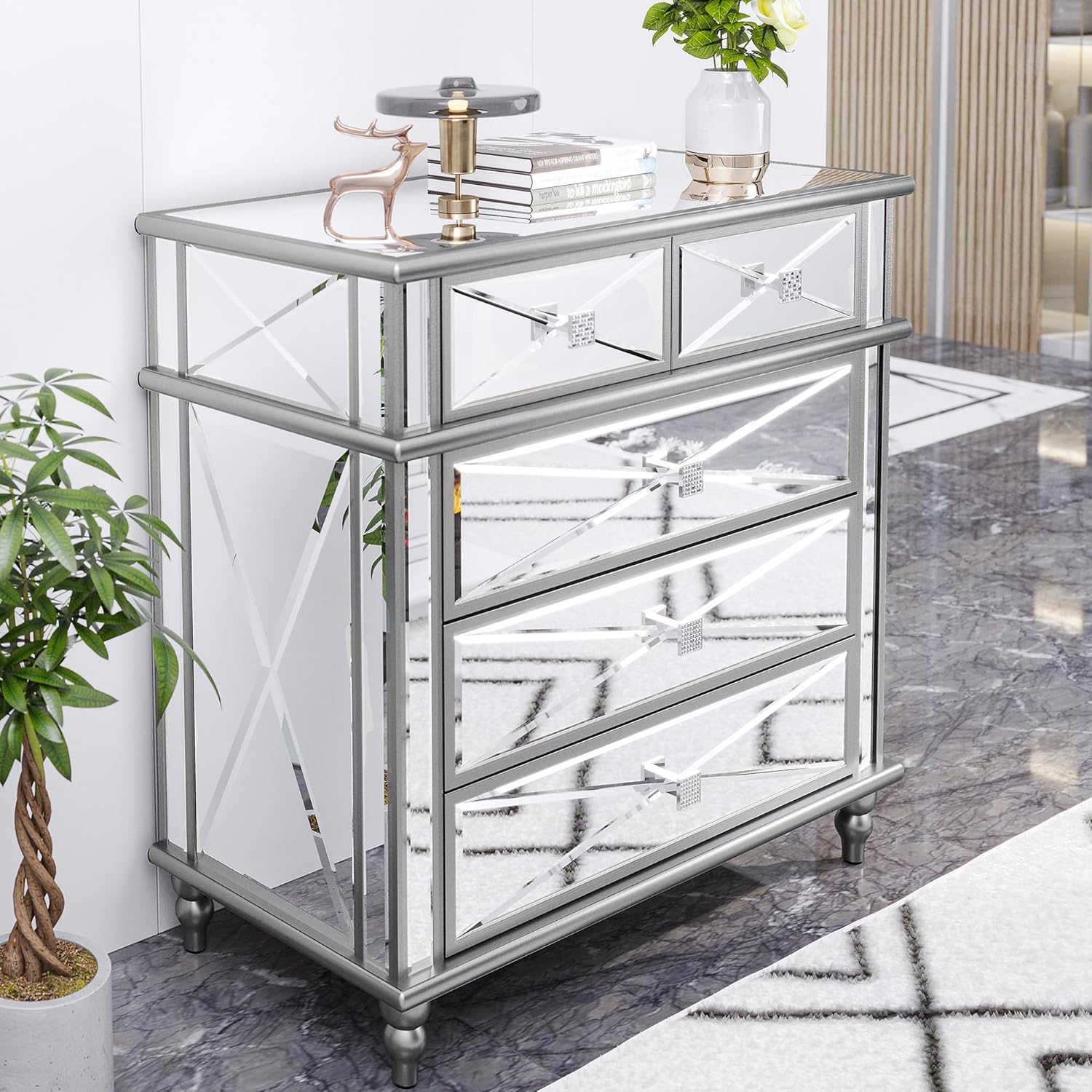 DWVO Silver Mirrored 5 Drawer Dresser for Bedroom with Wood Legs N450767