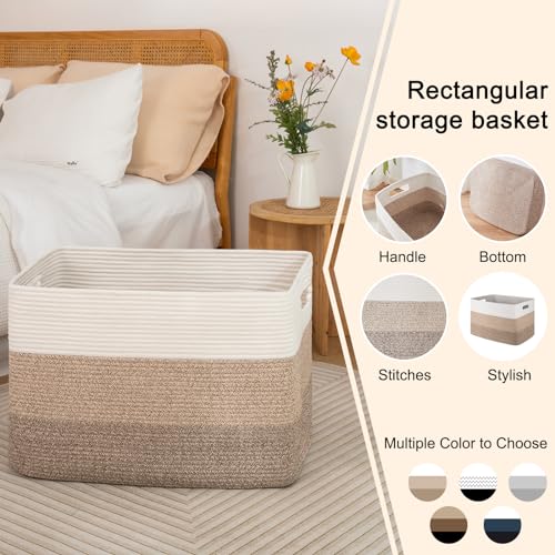 OIAHOMY Large Rectangle Woven Blanket Basket with Handle, Gradient Blue B58762