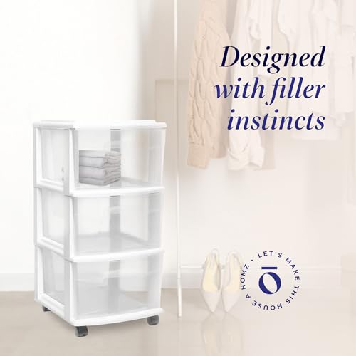 HOMZ 3-Tier Clear Plastic Storage Organizer Cart with Wheels, Black Frame M4715