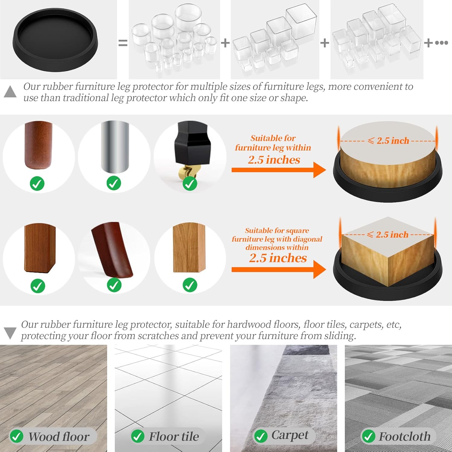 Furniture Coasters Caster Cups 2.5 Inch Non Slip Rubber Pads for Hardwood Floors Z829584