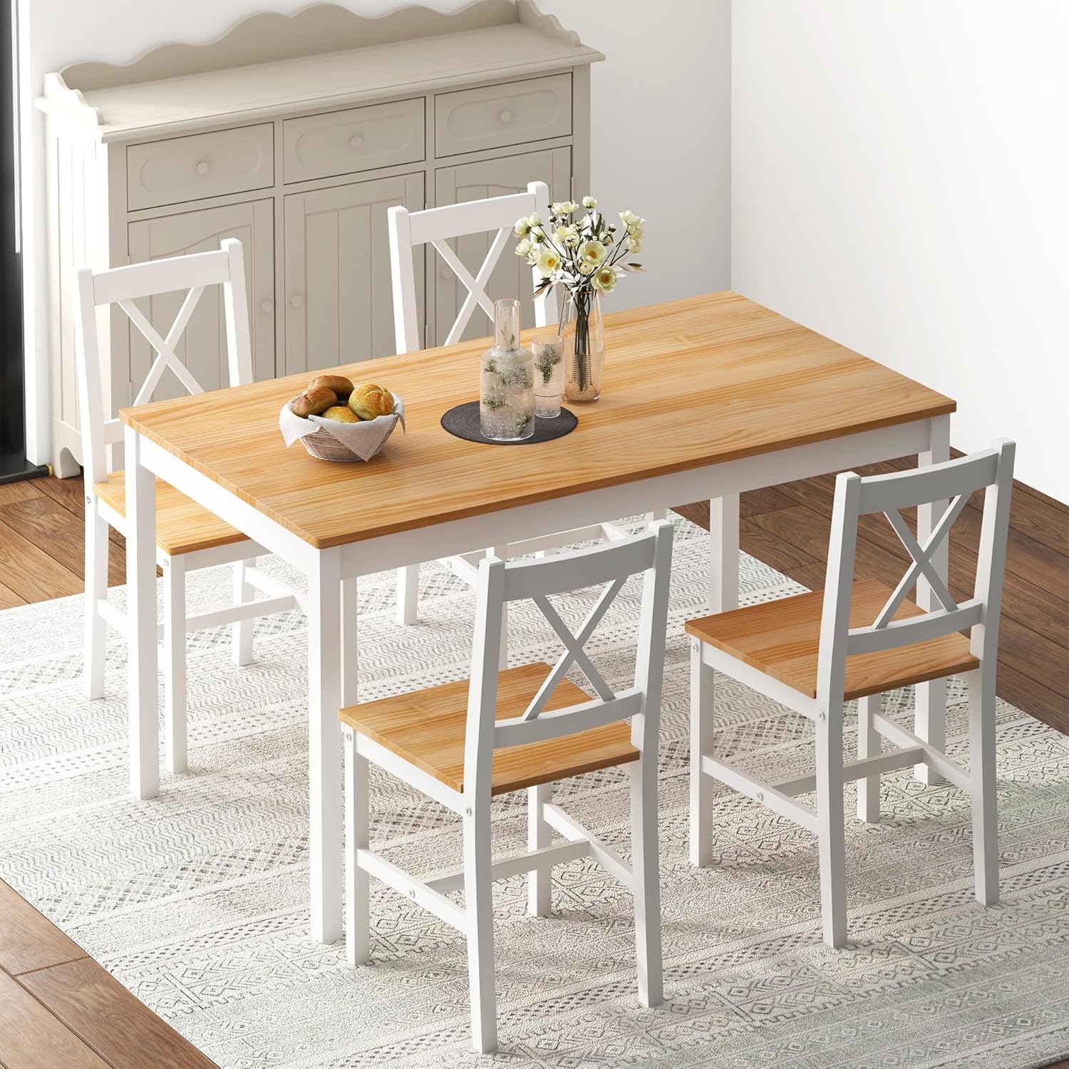 sogesfurniture 47.2" 5-Piece Pine Wood Dining Table Set with 4 Chairs J252877