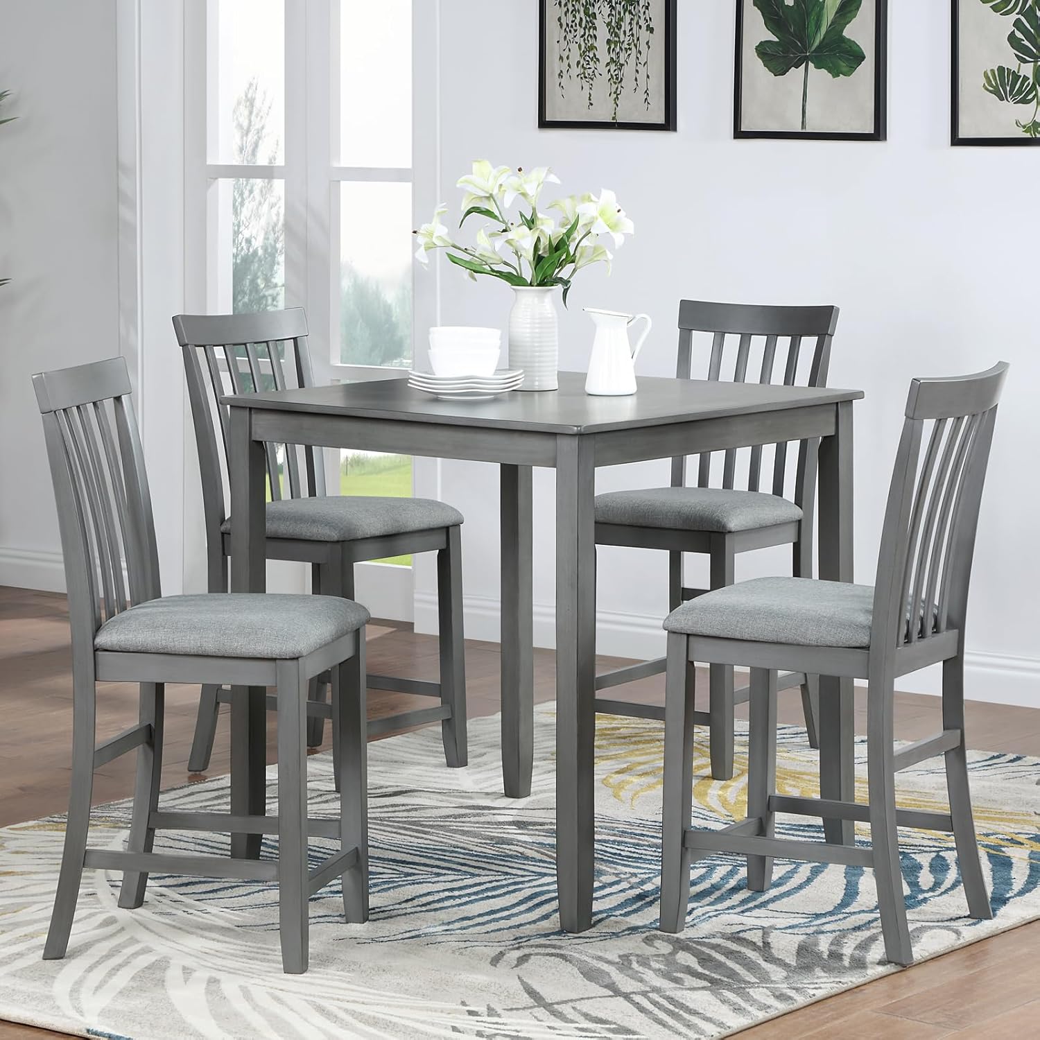 5 Piece Counter Height Dining Table Set for 4, Farmhouse with Upholstered Chairs, Dove Gray A5692