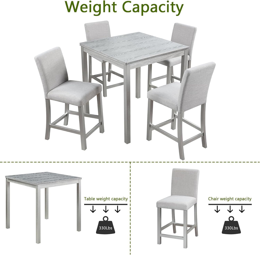 Acacia Wood Counter Height Dining Table Set with 4 Upholstered Chairs, Grey H9064