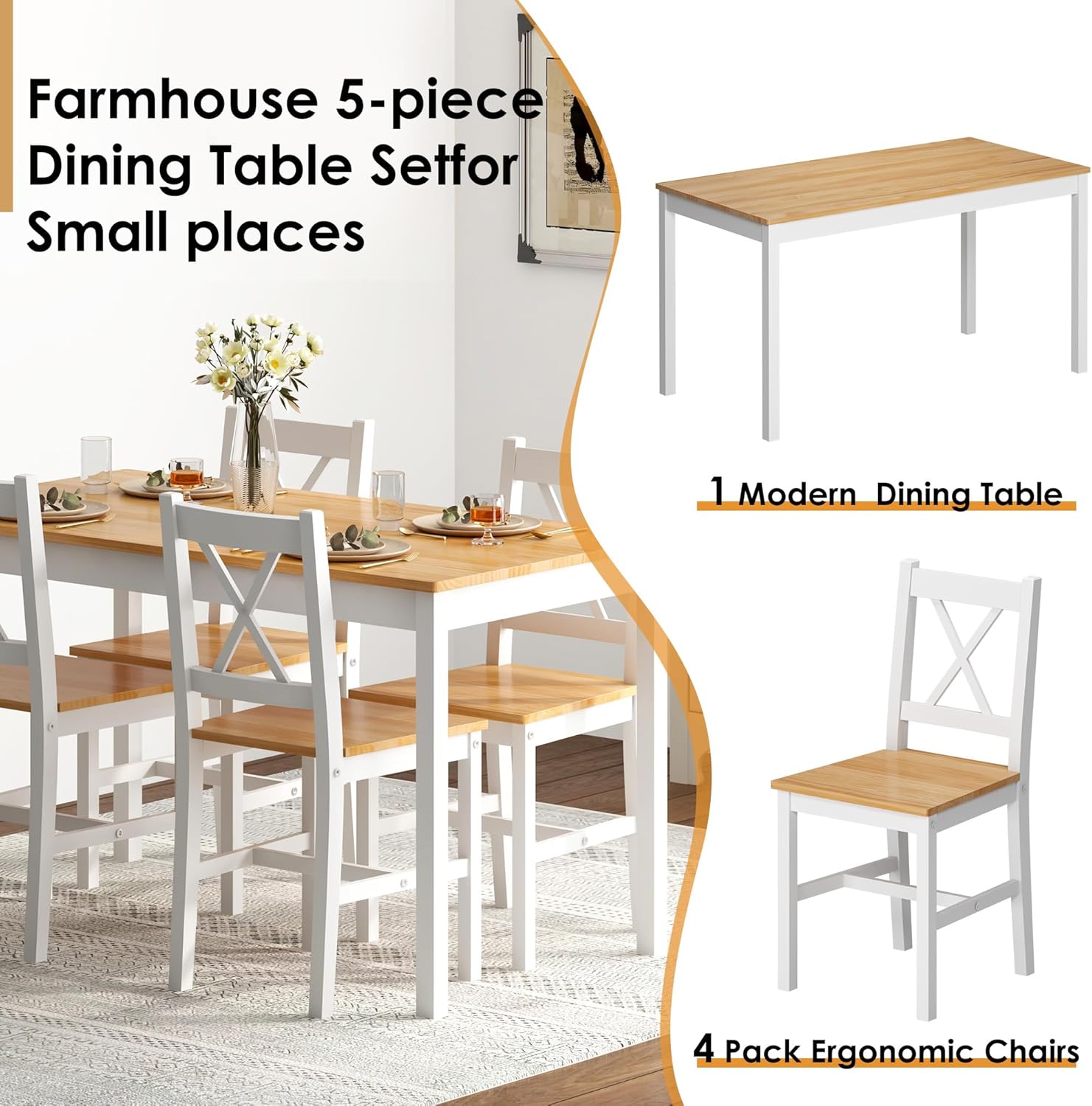sogesfurniture 47.2" 5-Piece Pine Wood Dining Table Set with 4 Chairs J252877