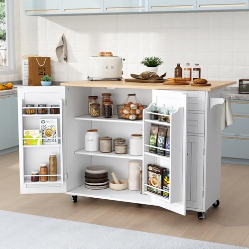 HLR Kitchen Island with Storage, Rolling Kitchen Island on Wheels with Drop-Leaf Bar Countertop, Island Table for Kitchen with Side Open Spice Rack and Tower Rack, Extra Storage for Kitchen