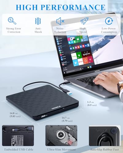 External CD DVD Drive for Laptop, USB 3.0 Type-C, Slim Portable Burner T70166