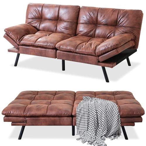 MUUEGM Faux Leather Futon Bed, Convertible Memory Foam Sofa Bed, Modern Love Seat for Living Room,Compact Space,Apartment,Office,Adjustable Backrests Armrests Couch Sleeper,71" Sofas, Matte Black