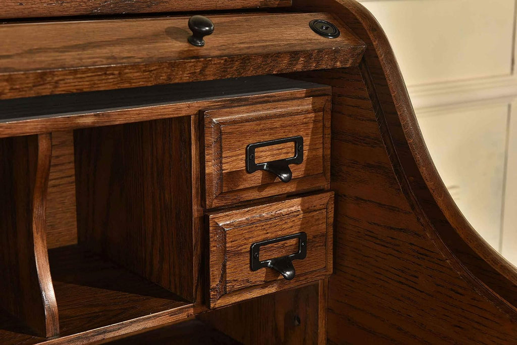 Mini Roll Top Desk Solid Oak Wood Burnished Walnut Finish H846505