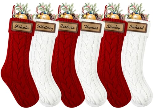 6 Pack Personalized Christmas Stockings 18in Knitted with Leather Patches Red and White F78226