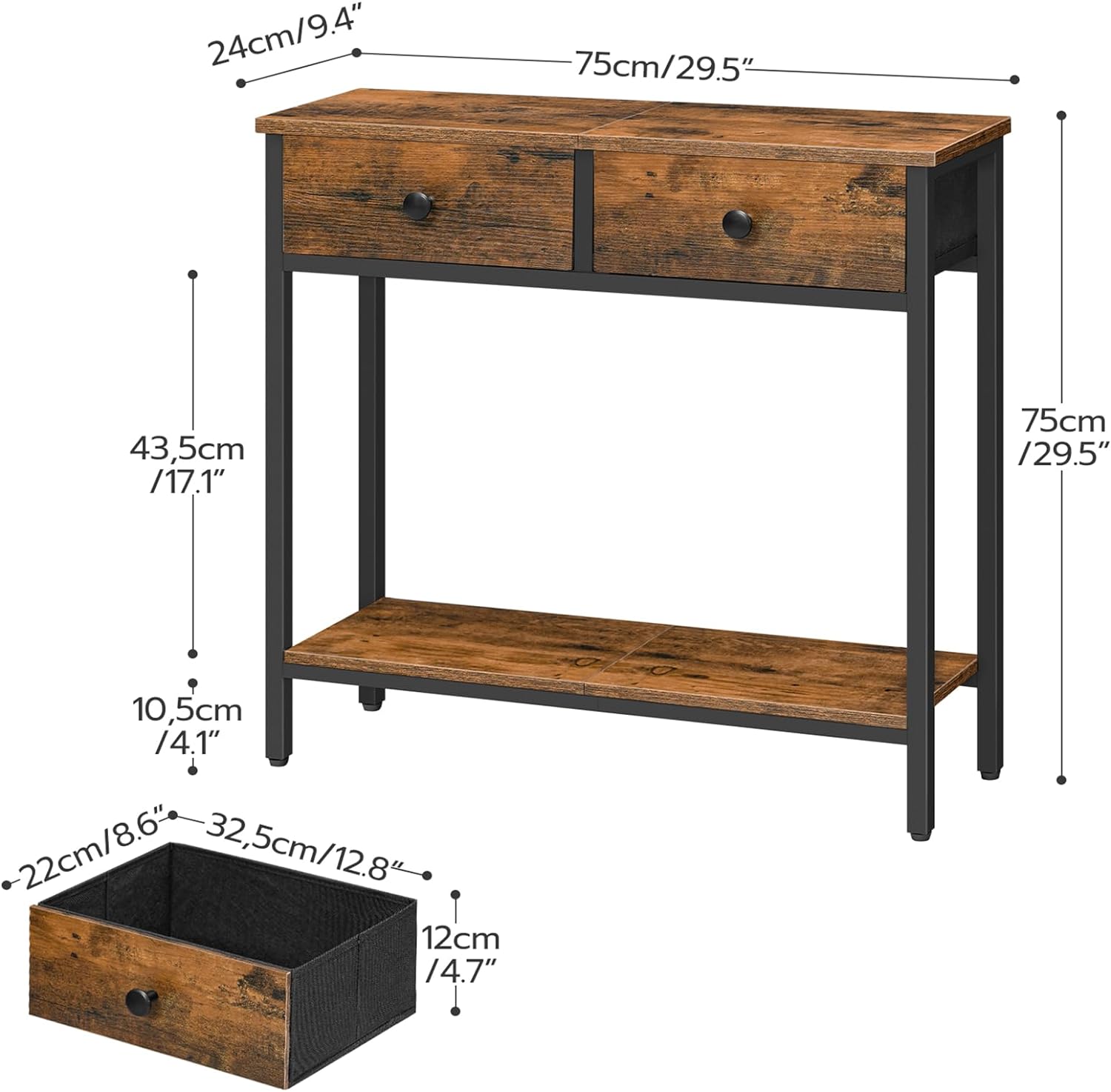 HOOBRO Narrow Console Table with 2 Fabric Drawers, Rustic Brown and Black X947644