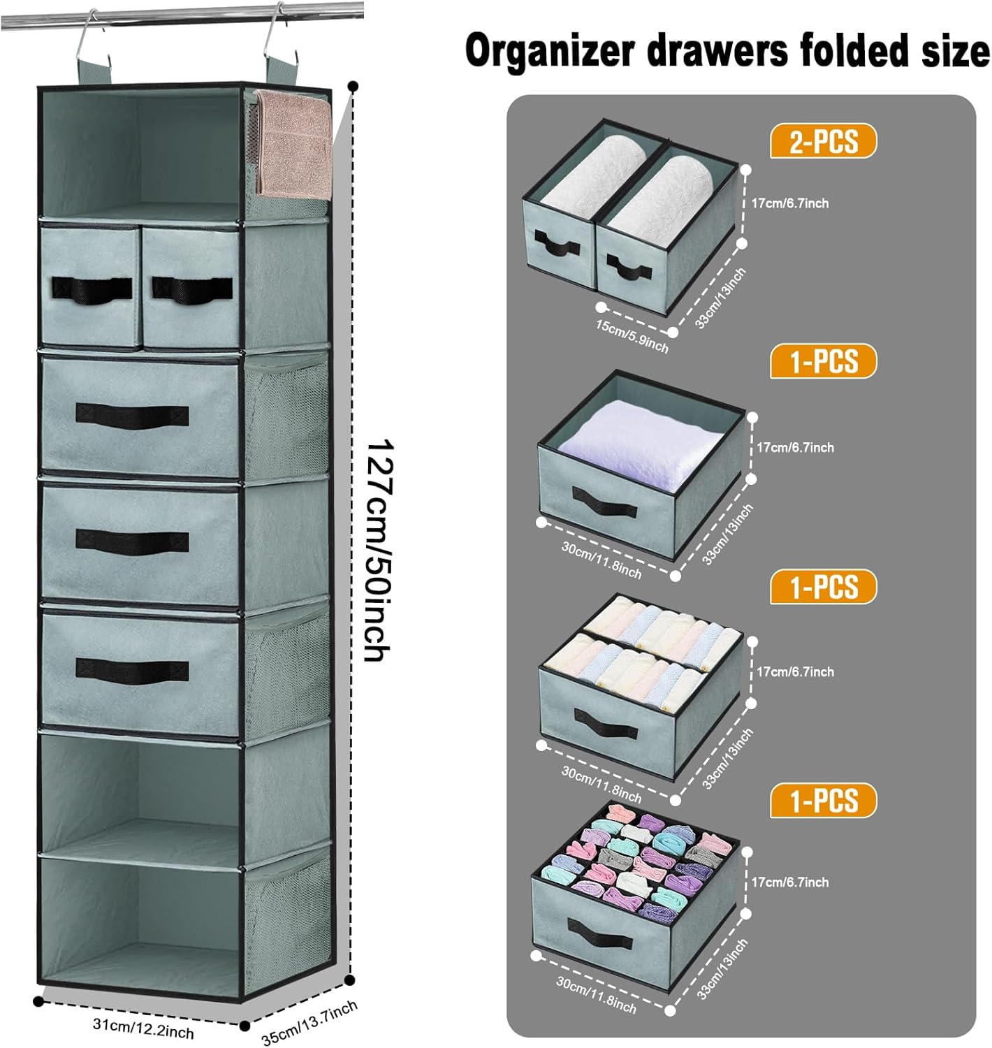 VERONLY Hanging Closet Organizer 7 Shelves with 5 Drawers, Grey R734
