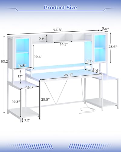 SEDETA Gaming Desk 74.8'' with LED Lights, Hutch and Storage Shelves, Black T331