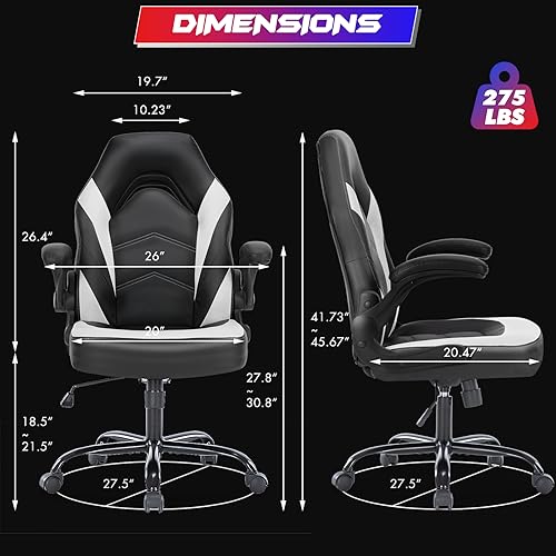 Sweetcrispy Ergonomic PU Leather Gaming Desk Chair with Flip-up Armrest, Black White C54485