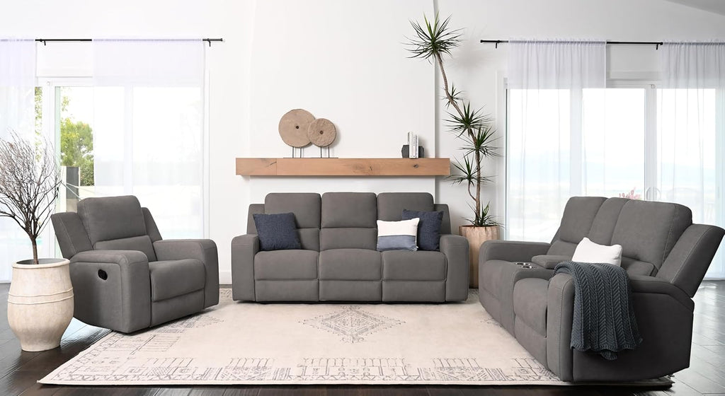 Abbyson Living Margaret 3PC Fabric Manual Reclining Sofa Collection, Charcoal Living Room Set