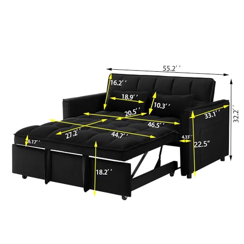 Modern Velvet Convertible Sofa Bed with Adjustable Back and Storage Bag, Blue Double S9157