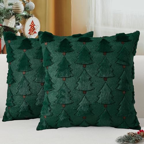 UGASA Star Christmas Decorative Pillow Covers 18x18 Inch Set of 2 Dark Green Q9265