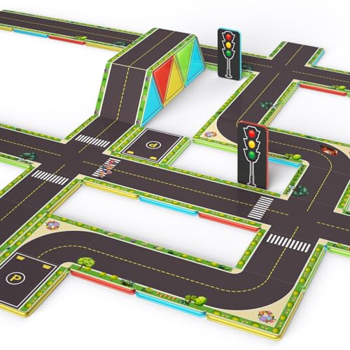 Magnetic Tiles Road Toppers Set Kids Magnetic Building Blocks Toddles Learning Educational Magnet Construction City Road Toys Gift for 3 4 5 6 Year Old Boys and Girls - 44pcs