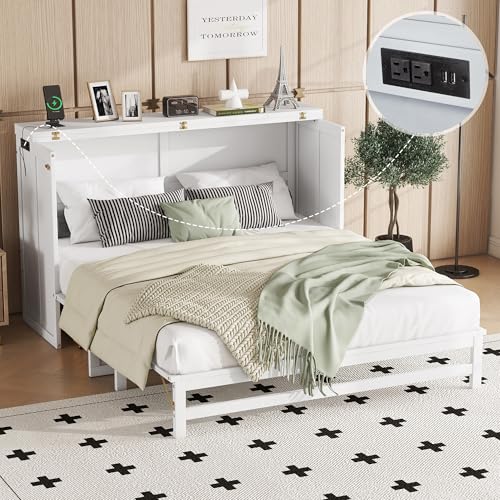 KEIKI Queen Size Murphy Bed with Charging Station and Drawer, Walnut B45816