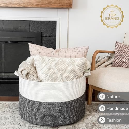 INDRESSME Large Cotton Rope Storage Basket with Handles, 90L Grey R37552