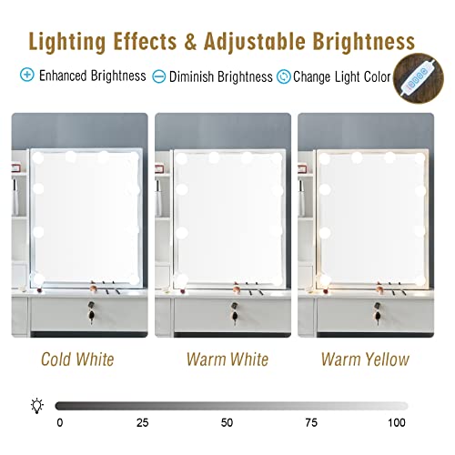 White Vanity Desk Set with 10 LED Lights and Charging Station W7137