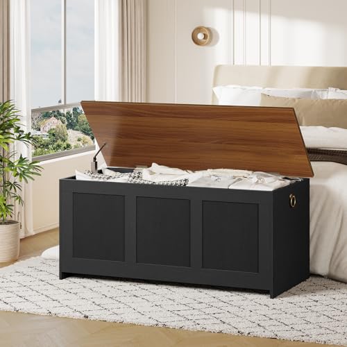 HOOBRO Storage Bench, 39.3" Retro Wooden Chest with Lift Top, White and Walnut C2921