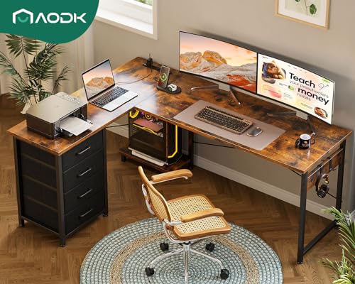 AODK L Shaped Gaming Desk with 4 Drawers, Power Outlets, Black P81263