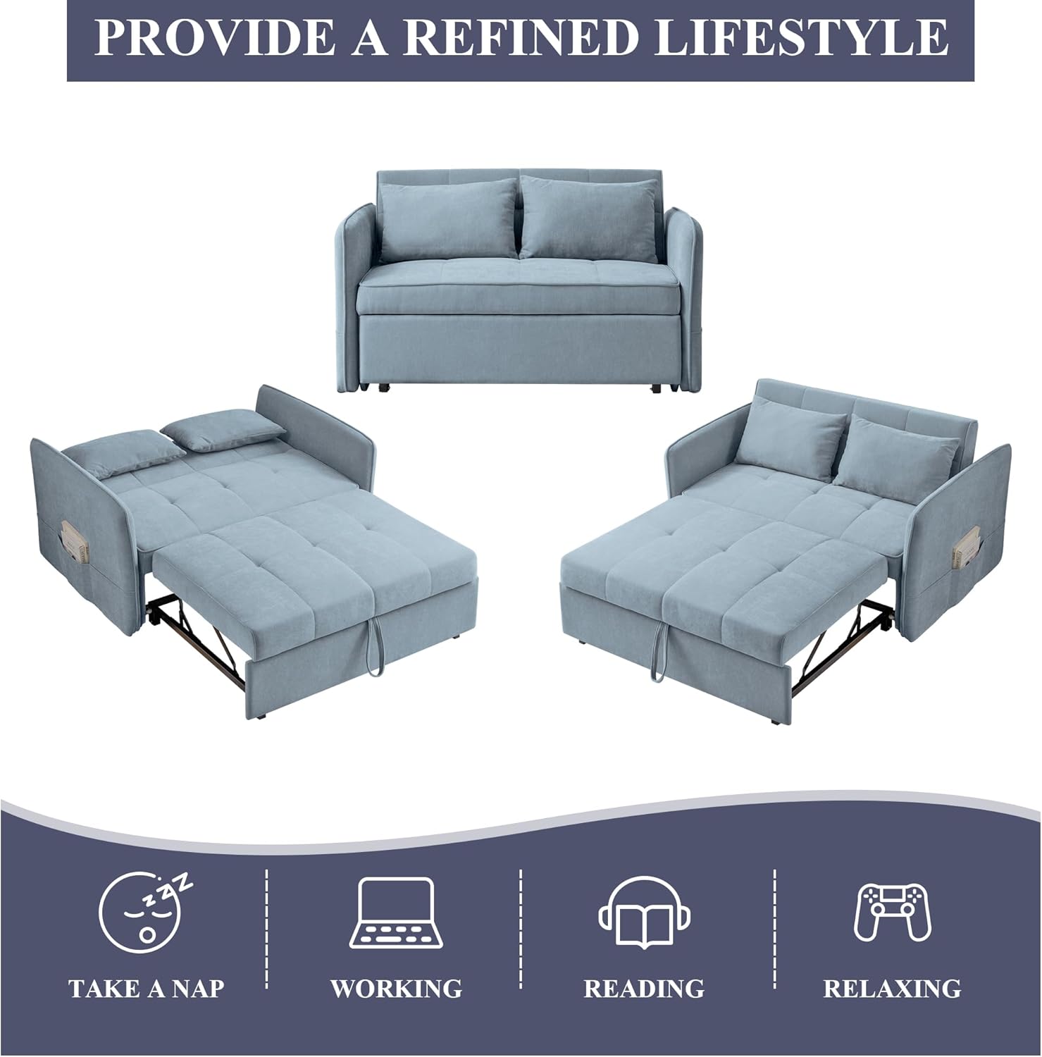 Chenille Fabric 3-in-1 Double Sofa Bed with Pull-Out Bed, Bluish Grey Q8445