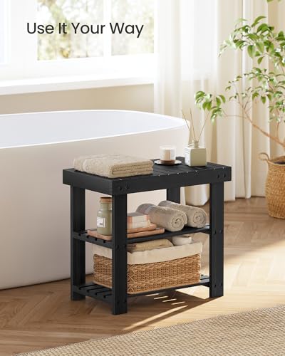 SONGMICS 3-Tier Bamboo Shoe Rack Bench, Entryway Storage, Ink Black X802