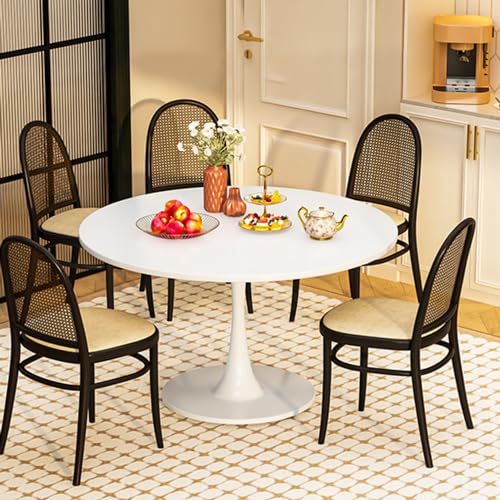 42 Inch Round Dining Table, Pure White Tulip Dining Table Tulip Table W/0.71" Thickness & Metal Pedestal Base for 4 to 6 People, Modern Round Kitchen Table Leisure Table Circle Coffee Table
