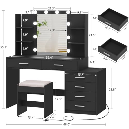 Quimoo Large Vanity Desk with LED Mirror & Power Outlet, White L335
