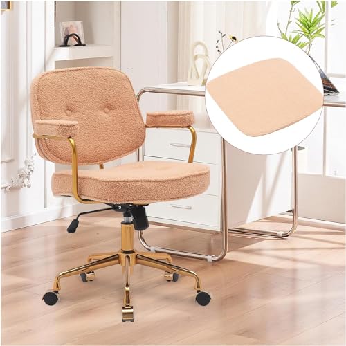 Boucle Desk Chair with Wheels and Arms, Gold Metal Legs, Teddy Chair for Girls and Women, Camel T741