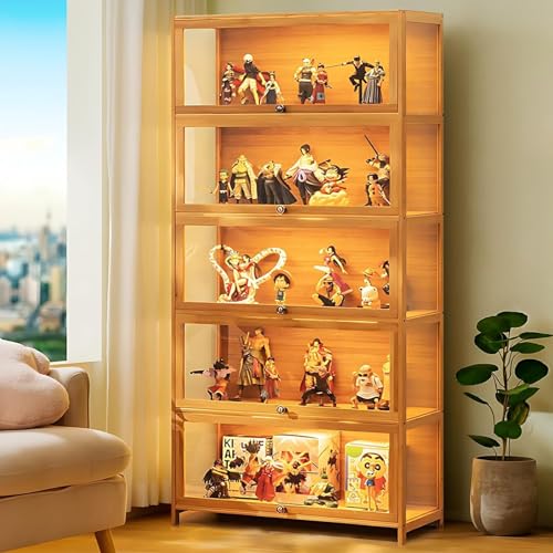68" Curio Display Cabinet, 5 Tier Bamboo Storage with Acrylic Glass Door O367907
