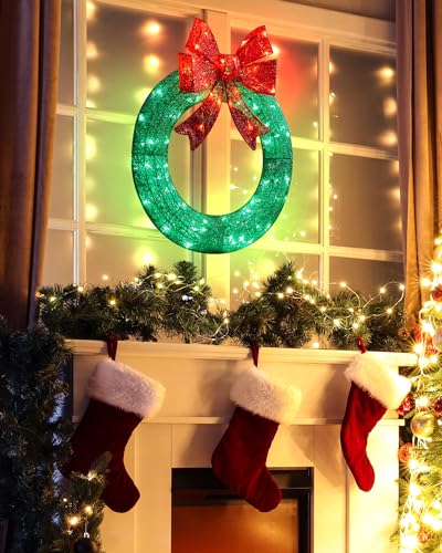 Brightown 24 Inch Pre-Lit Artificial Christmas Wreath with Pine Cones & Berries L37024