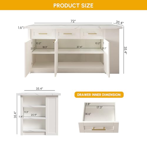 homary 72" Kitchen Island with Storage, White Dining Table with Seating & 3 Drawers H6352