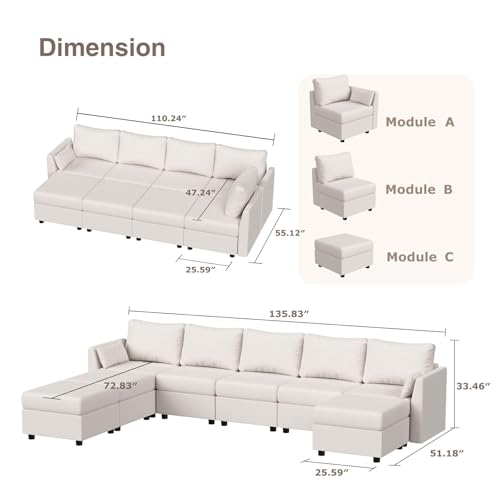 Modular Sectional Sofa with Storage, U-Shaped, Light Grey B184480