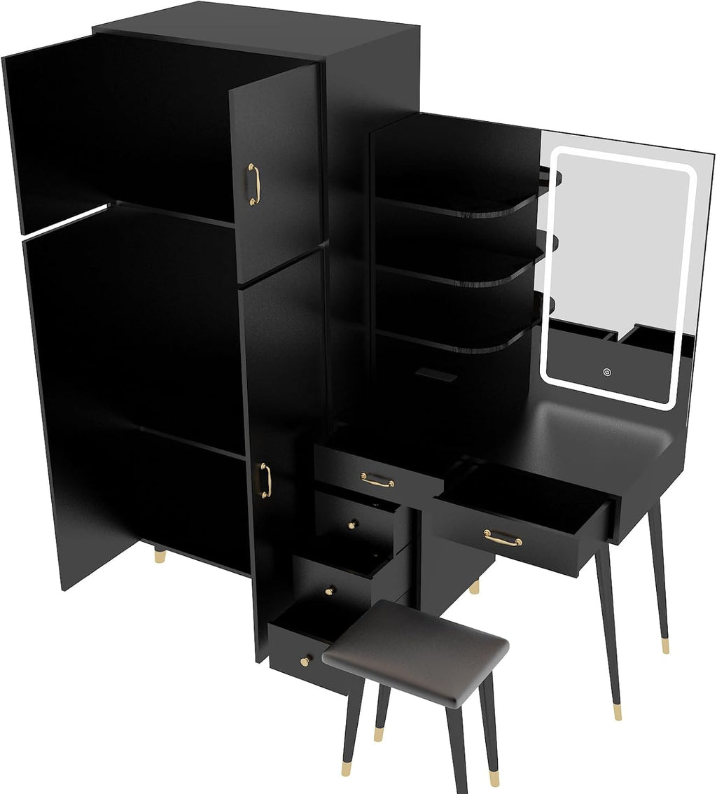 Makeup Vanity Table and Armoire Wardrobe Set with LED Mirror, Black Q6333
