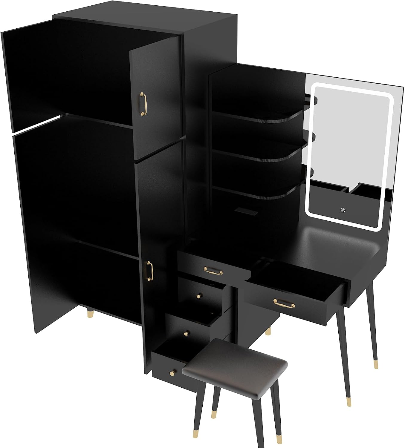 Makeup Vanity Table and Armoire Wardrobe Set with LED Mirror, Black Q6333