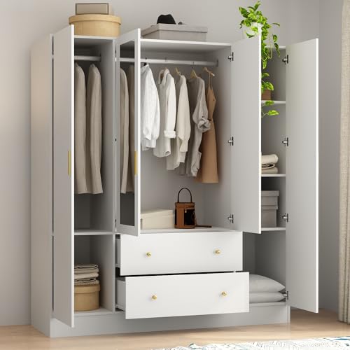 4-Door Armoire Wardrobe Closet with Mirror, 63" L, Black Brown N6401