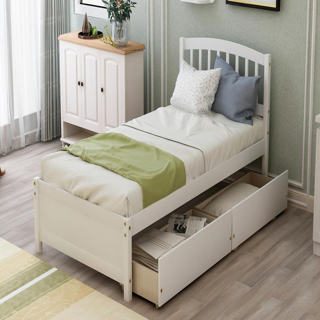 White Double Bed Frame with Storage Drawers and Headboard A3646
