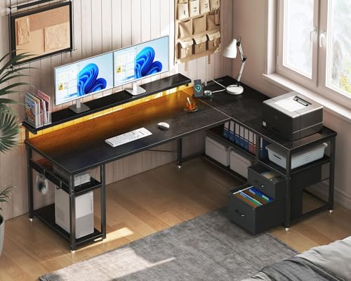 ODK L Shaped Gaming Desk with Power Outlets & LED Lights, Grey J75879