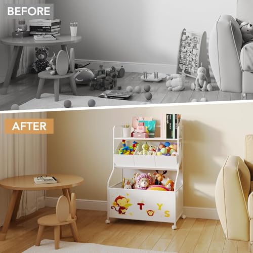 BBLIKE Toy Storage Organizer with Wheels 3-Tier Kids Toy Box White Q363830