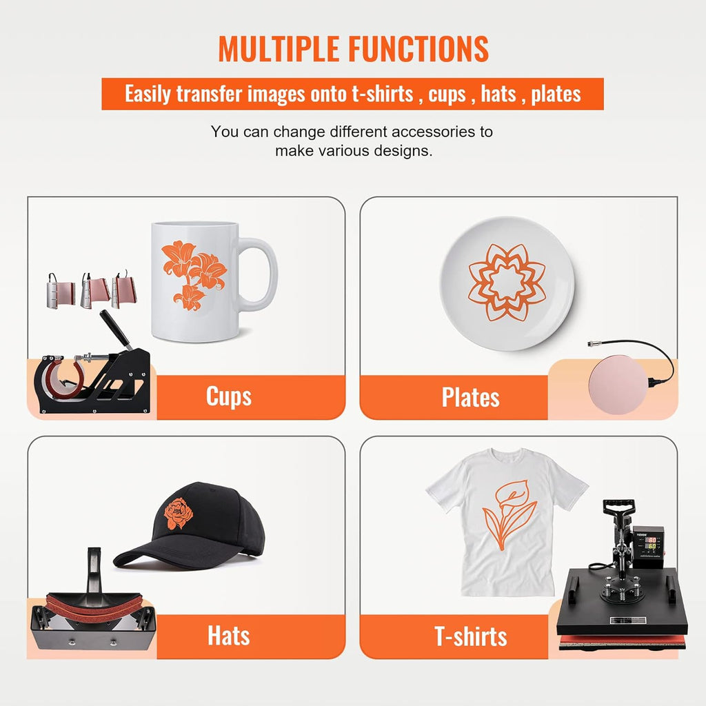 VEVOR 8 in 1 Heat Press Machine 15x15, 360° Swing Away for T Shirts, Hats & Mugs G41798