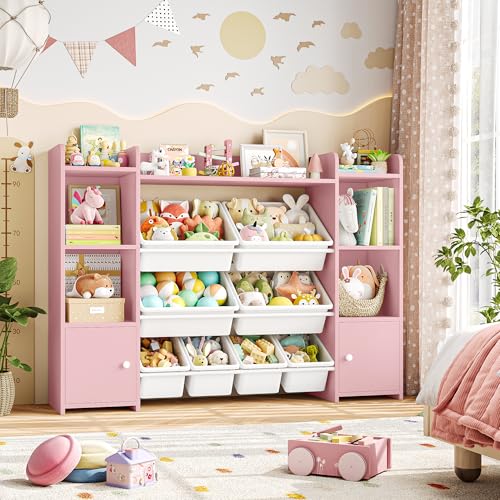FOTOSOK 55" Toy Storage Organizer with 8 Bins and Bookshelf, Pink J681345