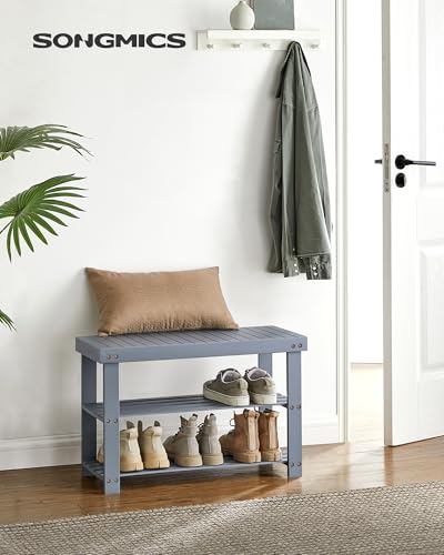 SONGMICS 3-Tier Bamboo Shoe Rack Bench, Entryway Storage, Ink Black X802