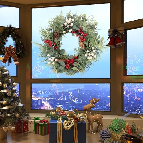 24 Inch Christmas Wreath with Red Ribbon and Pine Cones for Front Door D30392