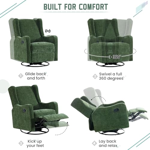 360° Swivel Glider Recliner Chenille Upholstered Wingback Accent Chair Green B93757
