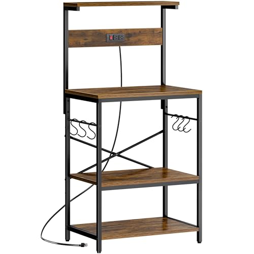 SUPERJARE Kitchen Bakers Rack with Power Outlet, Coffee Bar Table, Rustic Brown W637