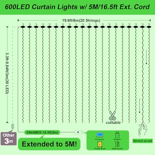 600LED Curtain Lights for Bedroom, Warm White, 8 Modes Y367582