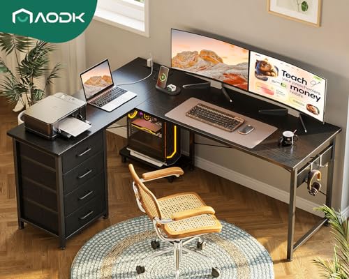 AODK L Shaped Gaming Desk with 4 Drawers, Power Outlets, Black P81263